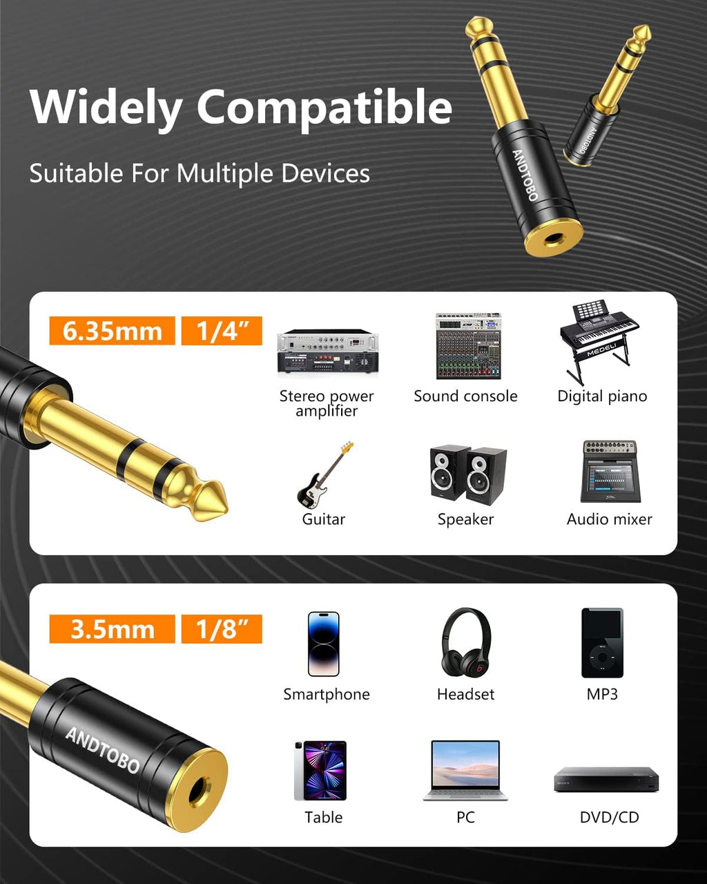 1/4 Inch Male to 3.5Mm Female Stereo Audio Jack Pure Copper Adapter for Headphone, Amp, 2 Pack-Black