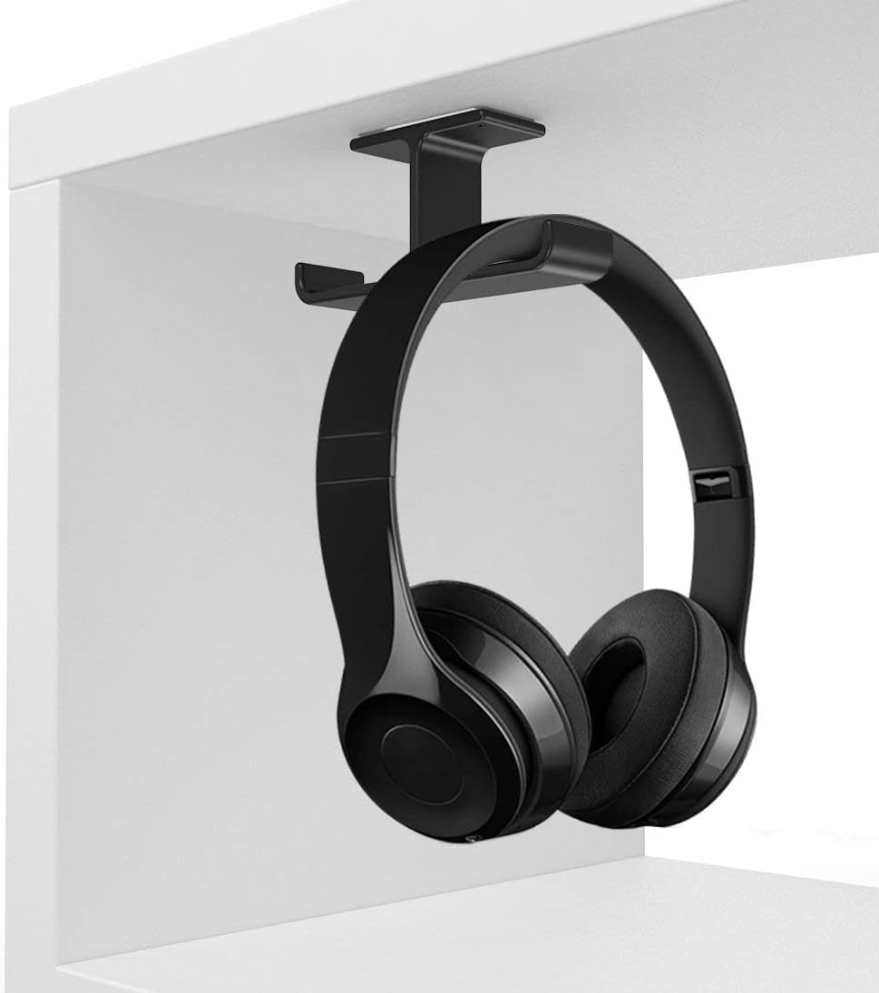 Dual Headphone Hanger Stand for under Desk, Aluminum Adhesive Headset Hook Mount with Screw Option, Space-Saving PC Gaming Accessories for All Headphones, Black