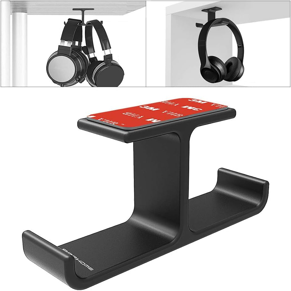 Dual Headphone Hanger Stand for under Desk, Aluminum Adhesive Headset Hook Mount with Screw Option, Space-Saving PC Gaming Accessories for All Headphones, Black