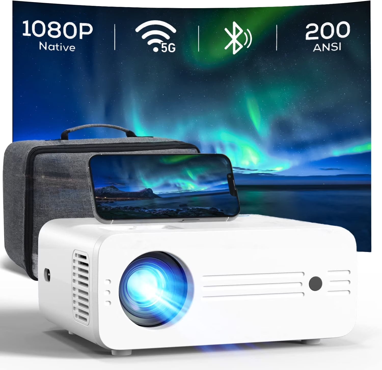 1080P Native Projector with 5G Wifi & Bluetooth 5.2, 9000 Lumens LED, 4K Supported, 180" Display, Portable Home Theater Projector with Carry Bag
